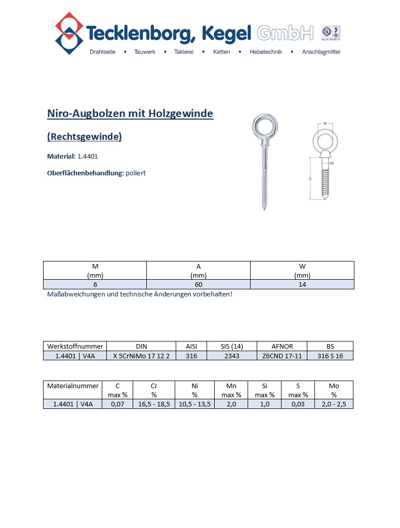 Datenblatt zu Edelstahl-Augbolzen Niro Holzgewinde