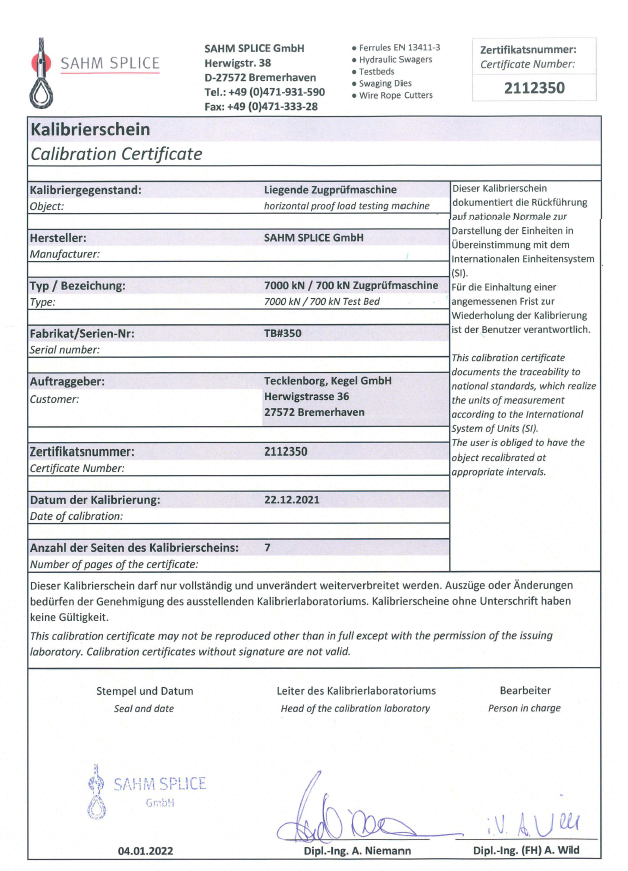 KALIBRIERSCHEIN 7500KN