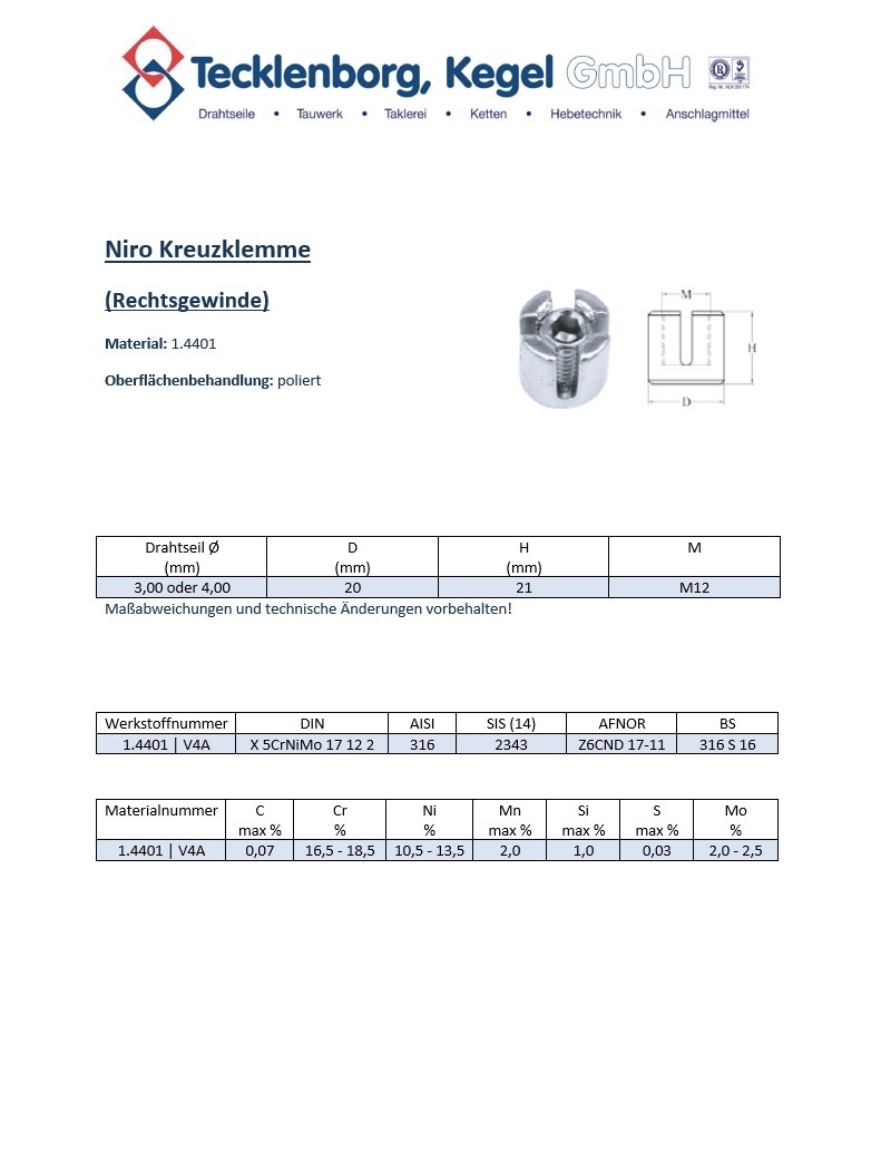 Datenblatt zur Edelstahlkreuzklemme für 3 und 4mm Drahtseil